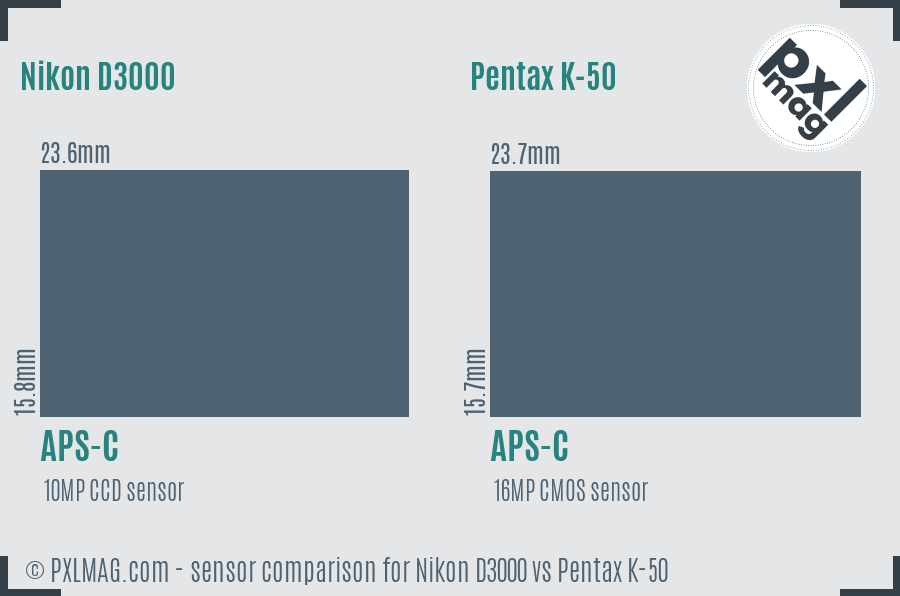 Nikon D3000 vs Pentax K-50 sensor size comparison