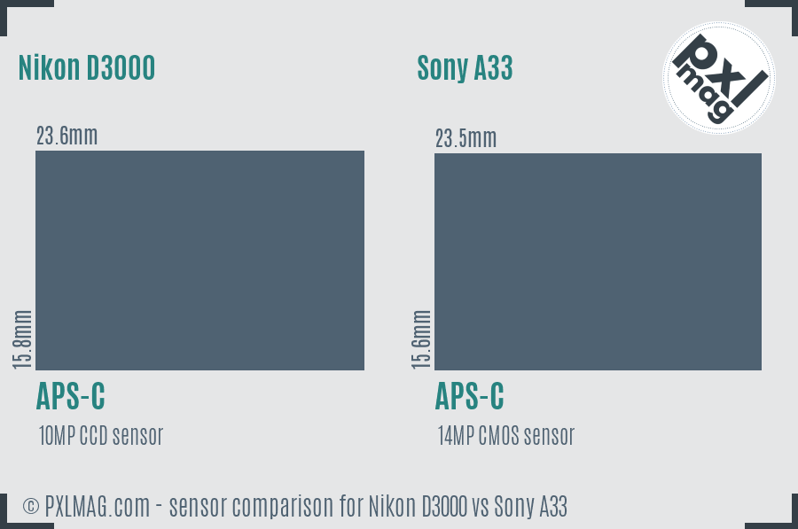 Nikon D3000 vs Sony A33 sensor size comparison