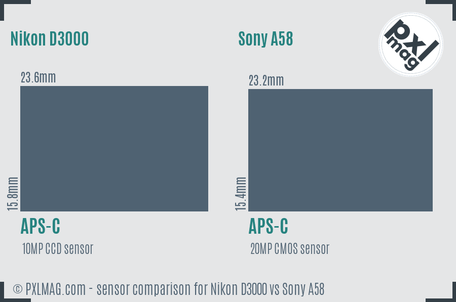 Nikon D3000 vs Sony A58 sensor size comparison
