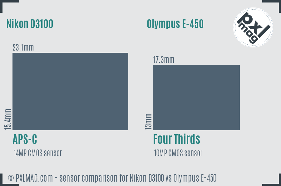 Nikon D3100 vs Olympus E-450 sensor size comparison