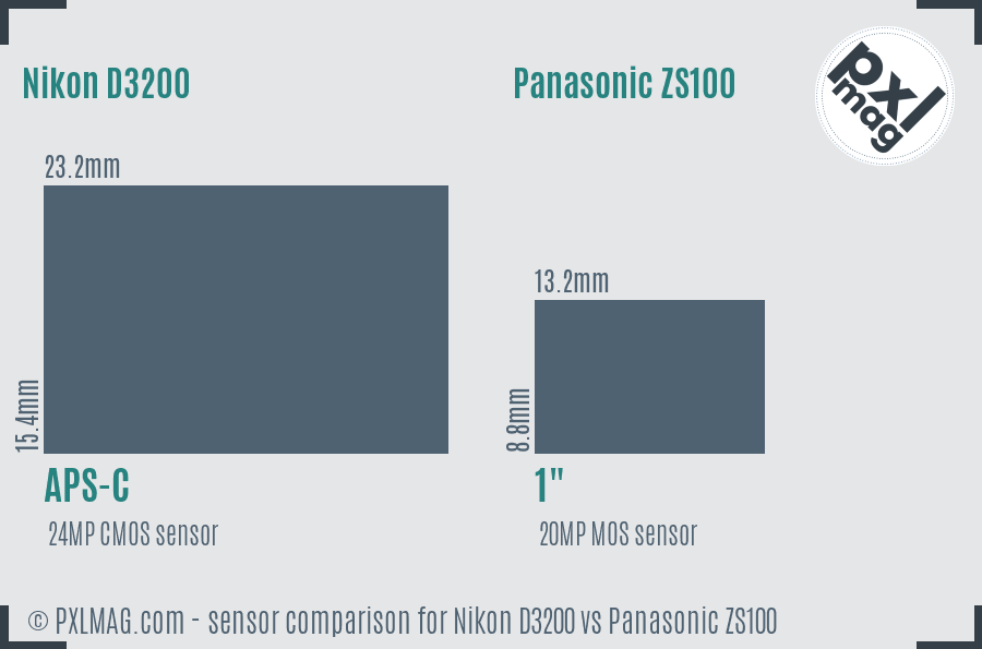 Nikon D3200 vs Panasonic ZS100 sensor size comparison