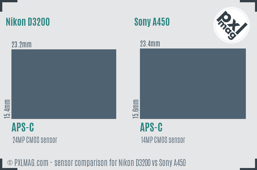 Nikon D3200 vs Sony A450 sensor size comparison