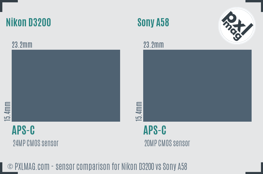 Nikon D3200 vs Sony A58 sensor size comparison