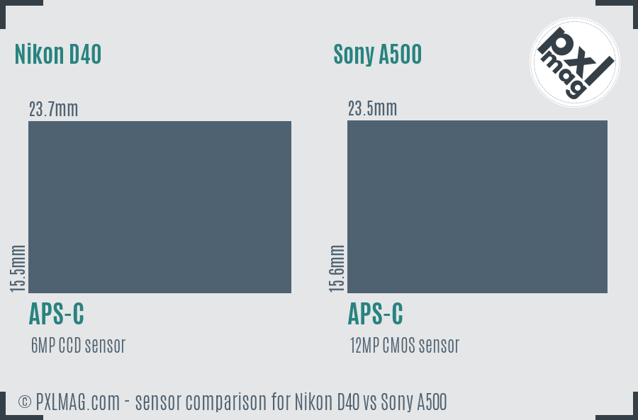 Nikon D40 vs Sony A500 sensor size comparison