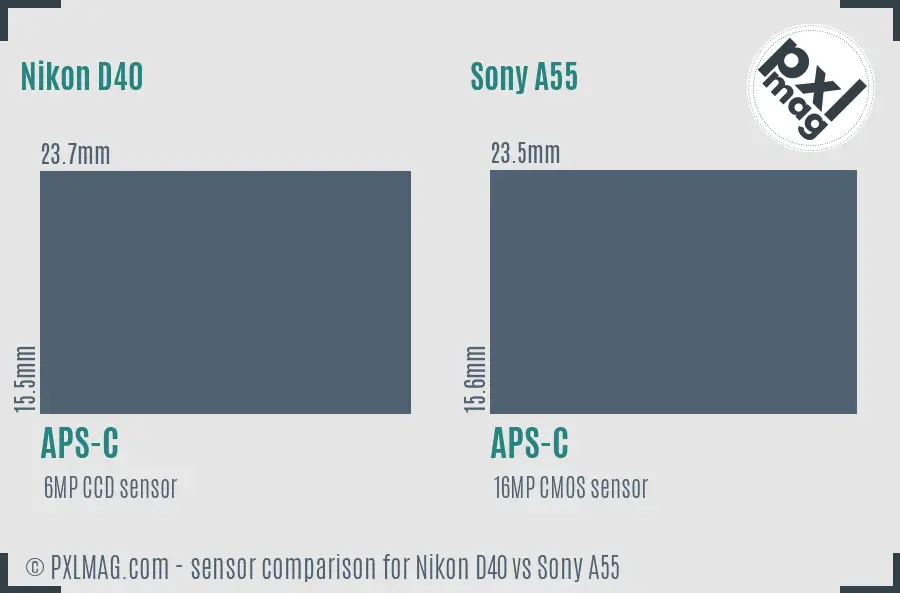 Nikon D40 vs Sony A55 sensor size comparison