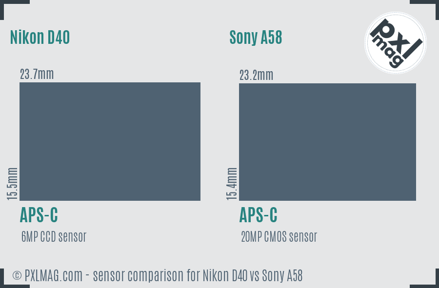 Nikon D40 vs Sony A58 sensor size comparison