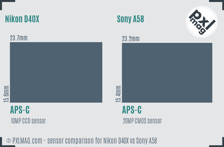Nikon D40X vs Sony A58 sensor size comparison
