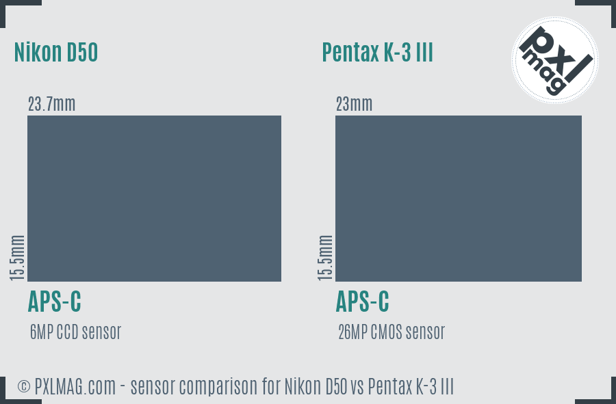 Nikon D50 vs Pentax K-3 III sensor size comparison