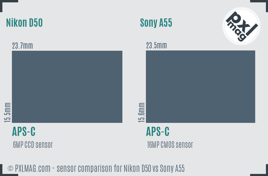 Nikon D50 vs Sony A55 sensor size comparison