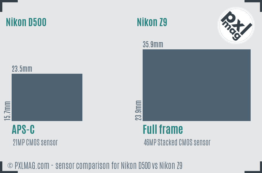 Nikon D500 vs Nikon Z9 sensor size comparison