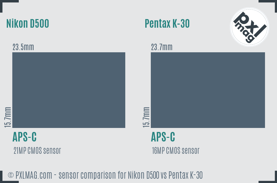 Nikon D500 vs Pentax K-30 sensor size comparison
