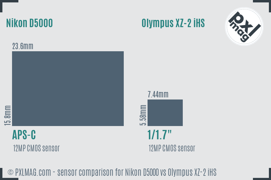 Nikon D5000 vs Olympus XZ-2 iHS sensor size comparison
