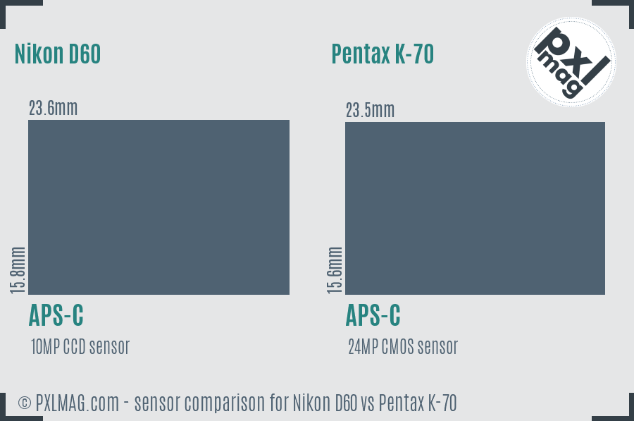 Nikon D60 vs Pentax K-70 sensor size comparison