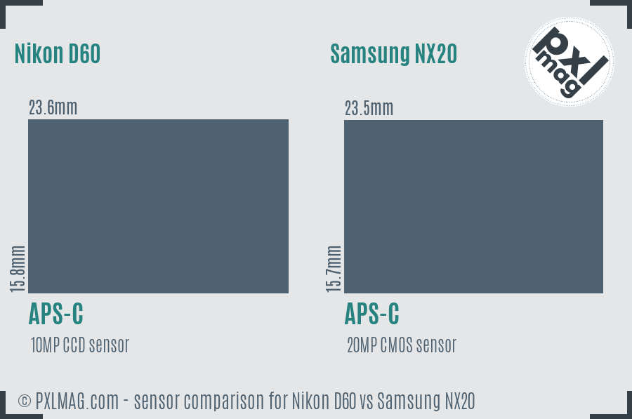 Nikon D60 vs Samsung NX20 sensor size comparison