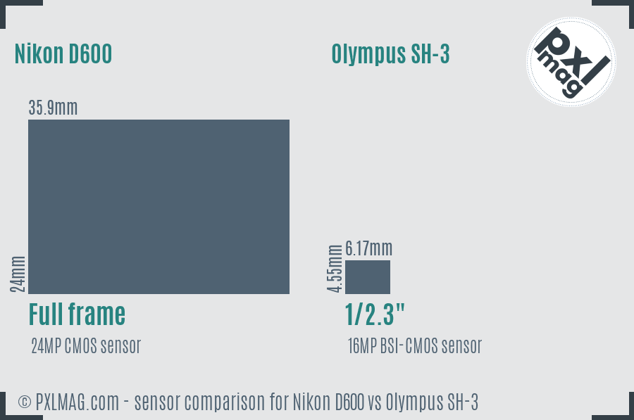 Nikon D600 vs Olympus SH-3 sensor size comparison