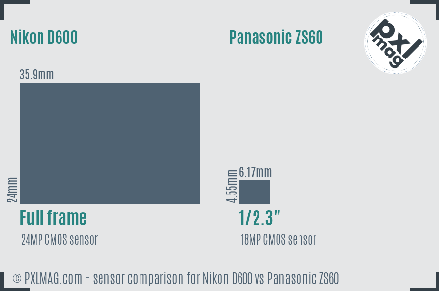 Nikon D600 vs Panasonic ZS60 sensor size comparison
