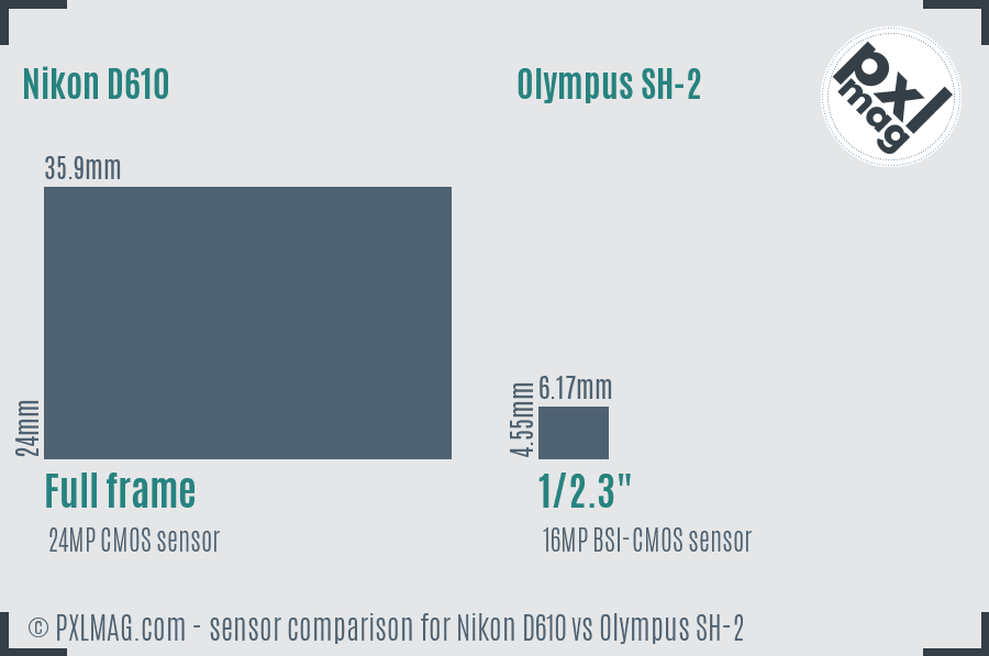 Nikon D610 vs Olympus SH-2 sensor size comparison