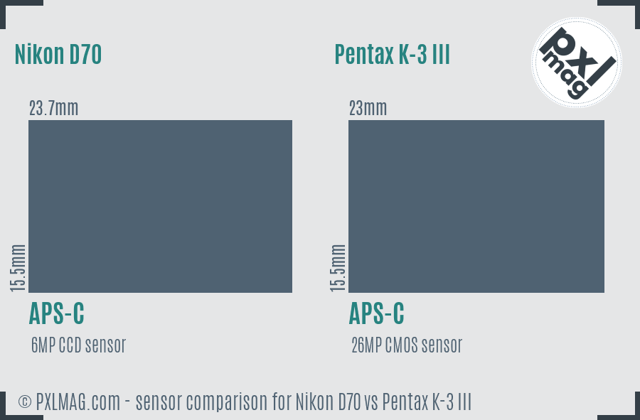 Nikon D70 vs Pentax K-3 III sensor size comparison
