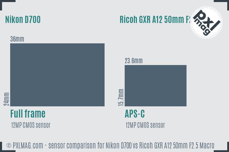 Nikon D700 vs Ricoh GXR A12 50mm F2.5 Macro sensor size comparison