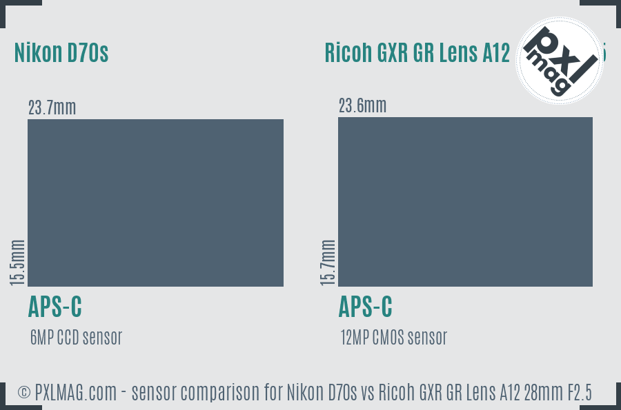 Nikon D70s vs Ricoh GXR GR Lens A12 28mm F2.5 sensor size comparison