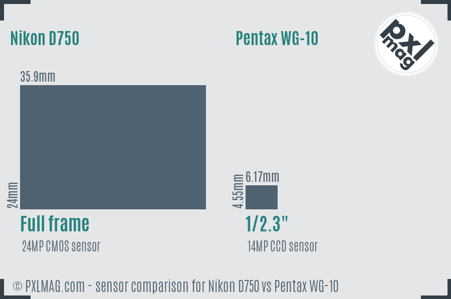 Nikon D750 vs Pentax WG-10 sensor size comparison