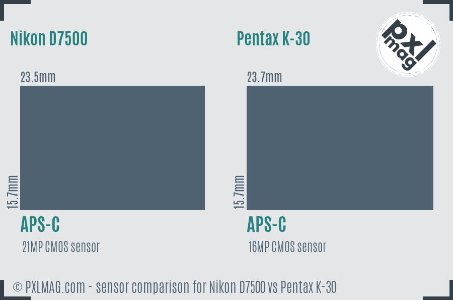 Nikon D7500 vs Pentax K-30 sensor size comparison