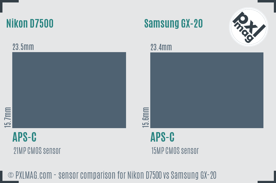 Nikon D7500 vs Samsung GX-20 sensor size comparison