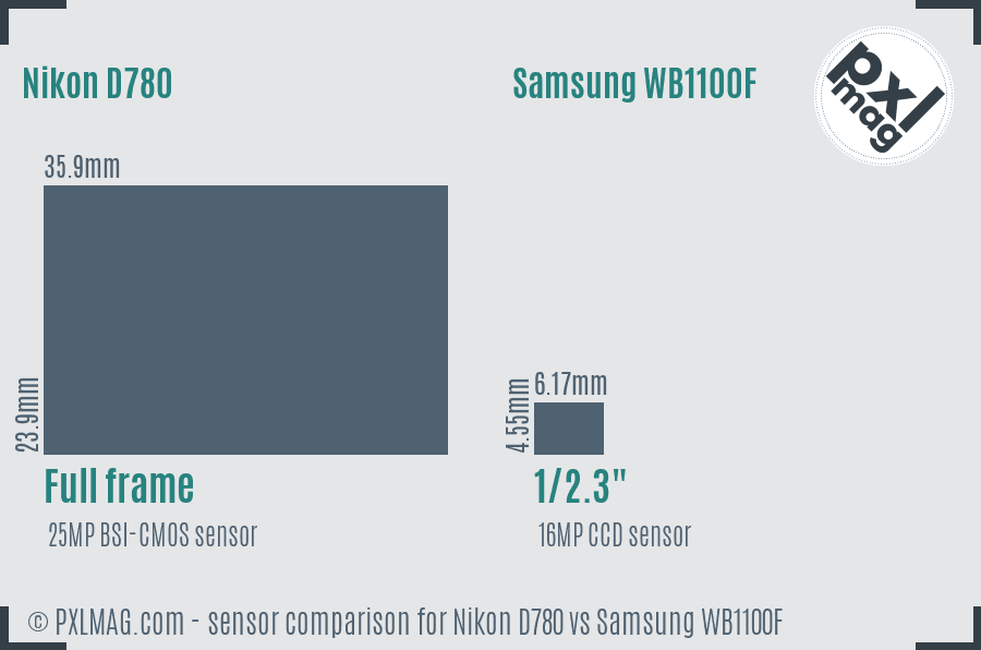 Nikon D780 vs Samsung WB1100F sensor size comparison