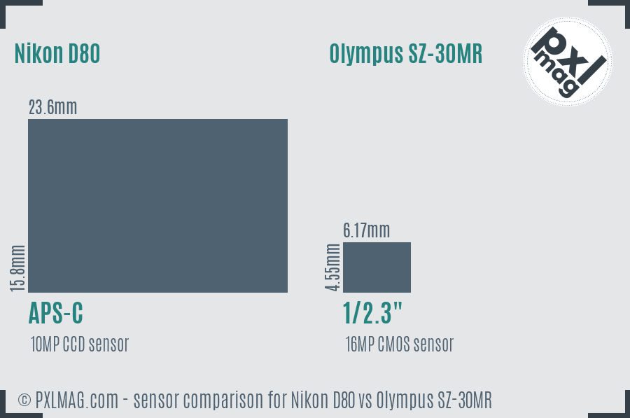 Nikon D80 vs Olympus SZ-30MR sensor size comparison