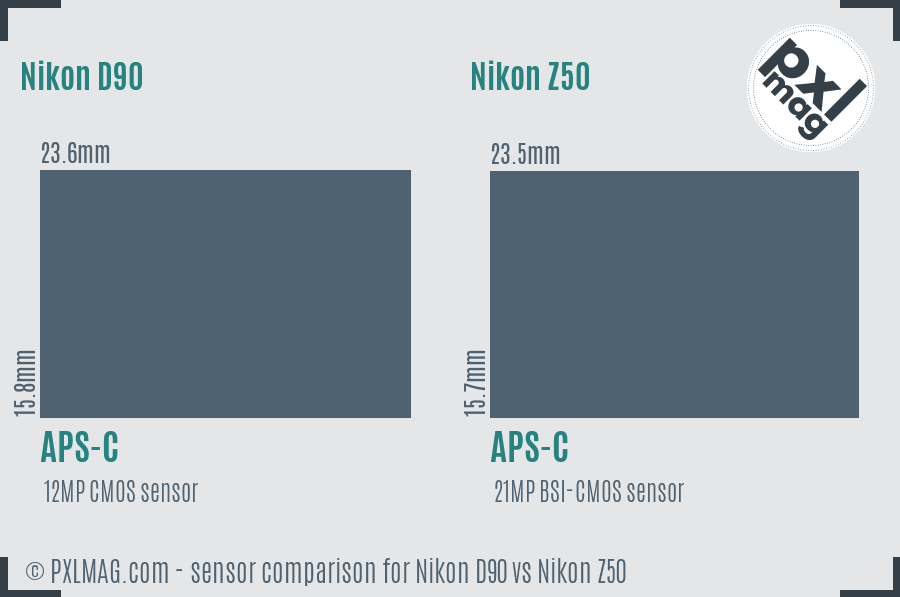 Nikon D90 vs Nikon Z50 sensor size comparison