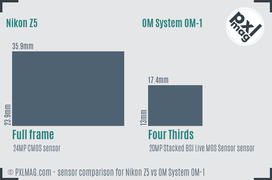 Nikon Z5 vs OM System OM-1 sensor size comparison