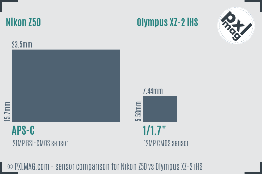 Nikon Z50 vs Olympus XZ-2 iHS sensor size comparison