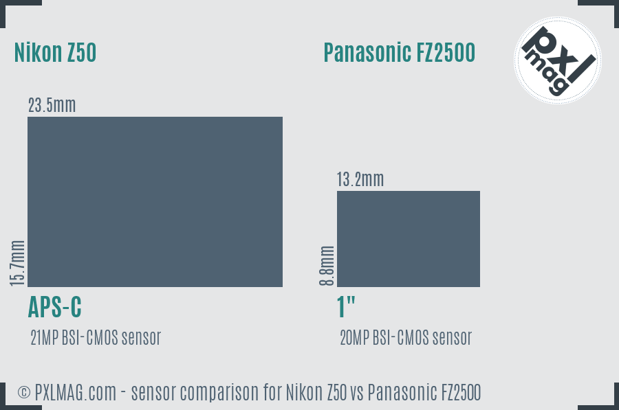 Nikon Z50 vs Panasonic FZ2500 sensor size comparison