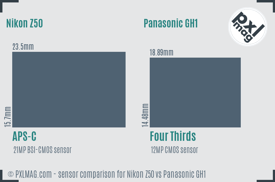 Nikon Z50 vs Panasonic GH1 sensor size comparison