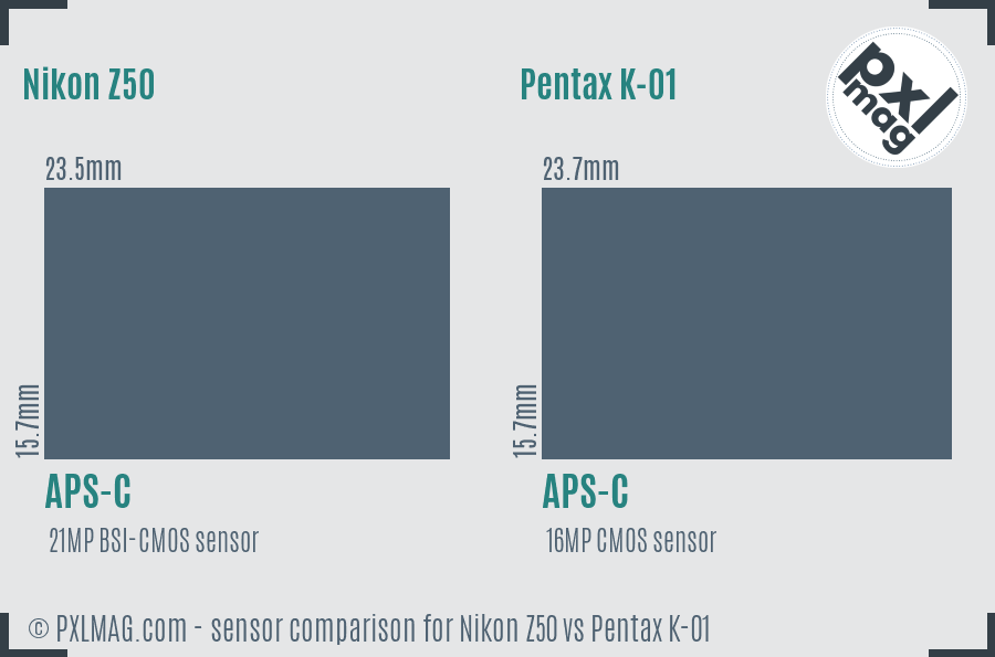 Nikon Z50 vs Pentax K-01 sensor size comparison
