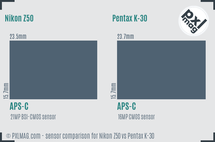 Nikon Z50 vs Pentax K-30 sensor size comparison