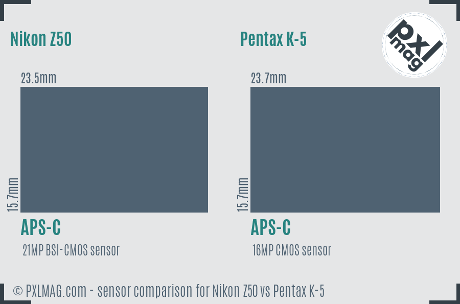 Nikon Z50 vs Pentax K-5 sensor size comparison