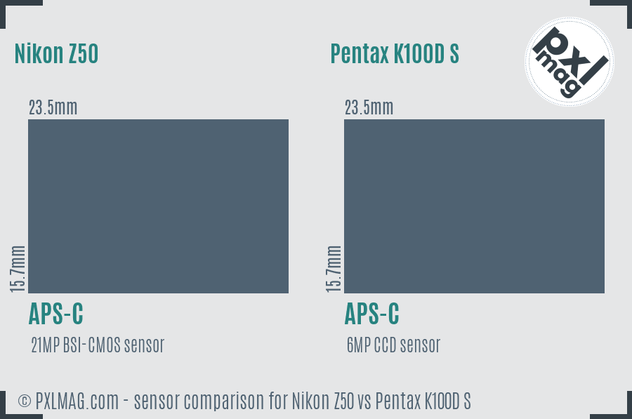 Nikon Z50 vs Pentax K100D S sensor size comparison