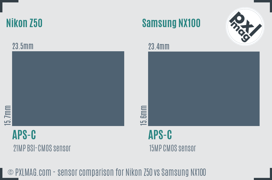 Nikon Z50 vs Samsung NX100 sensor size comparison