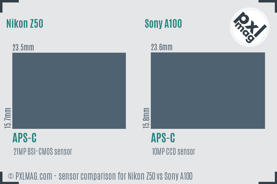 Nikon Z50 vs Sony A100 sensor size comparison