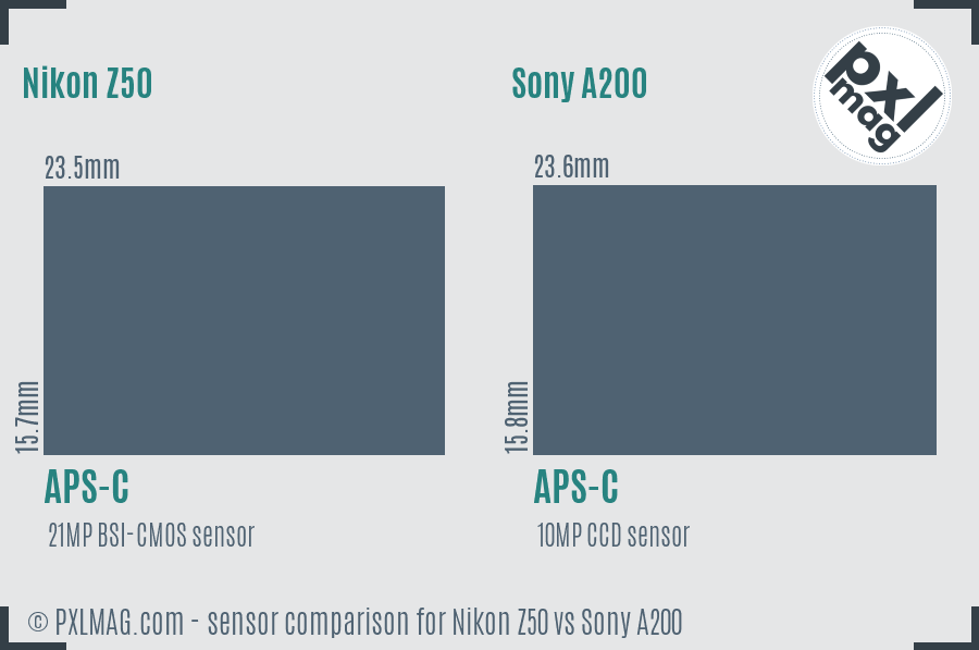 Nikon Z50 vs Sony A200 sensor size comparison