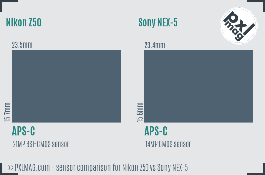 Nikon Z50 vs Sony NEX-5 sensor size comparison