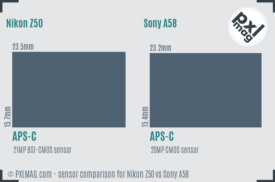 Nikon Z50 vs Sony A58 sensor size comparison