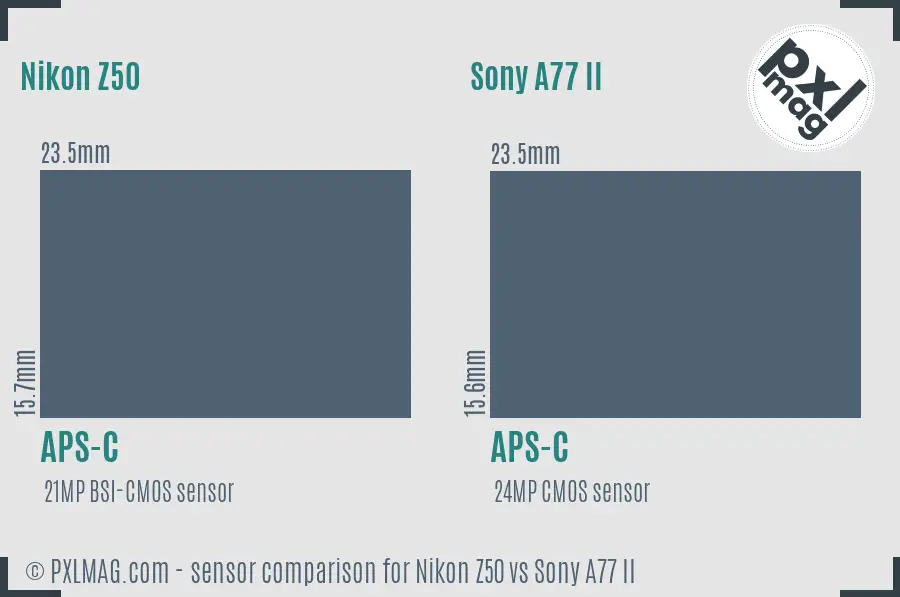 Nikon Z50 vs Sony A77 II sensor size comparison