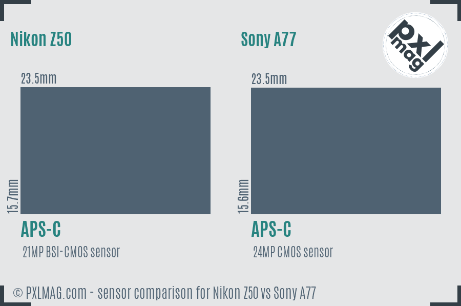 Nikon Z50 vs Sony A77 sensor size comparison