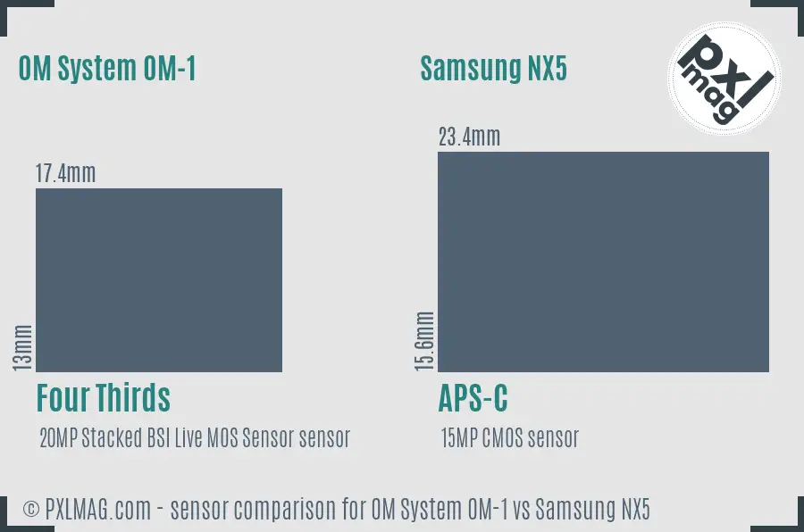 OM System OM-1 vs Samsung NX5 sensor size comparison