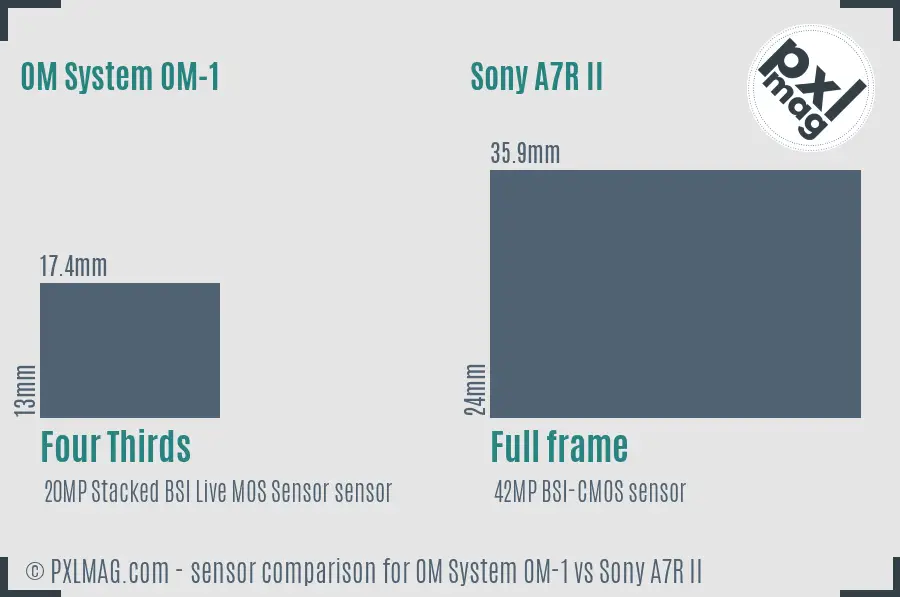 OM System OM-1 vs Sony A7R II sensor size comparison