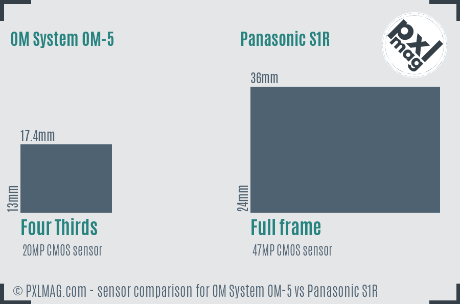 OM System OM-5 vs Panasonic S1R sensor size comparison