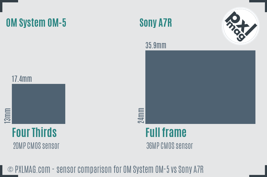 OM System OM-5 vs Sony A7R sensor size comparison