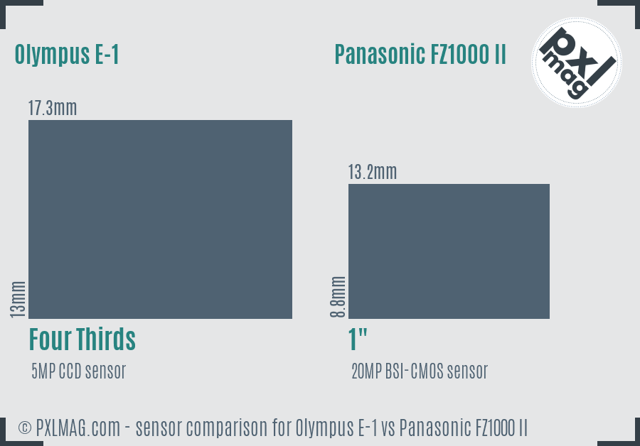Olympus E-1 vs Panasonic FZ1000 II sensor size comparison